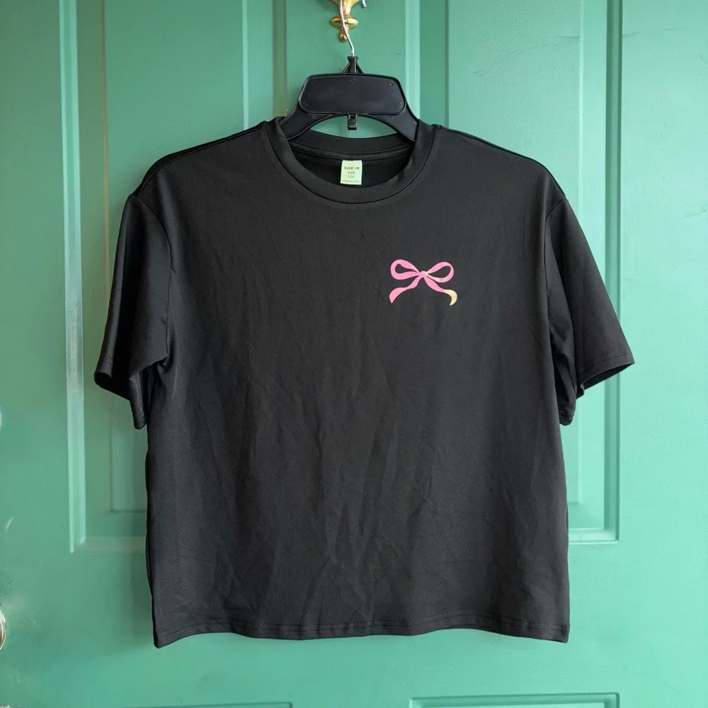 SHEIN girls 12 Black Pajama Set with Pink Bow Accent